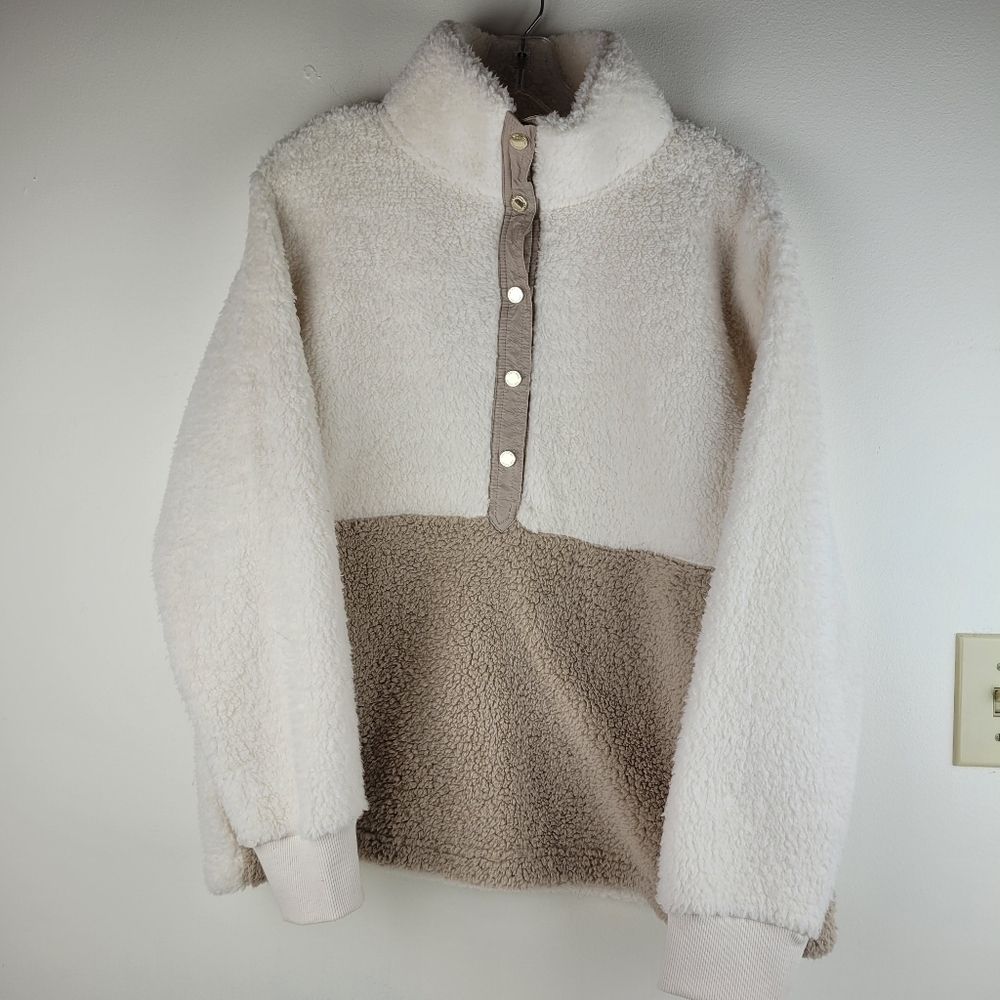 Calvin Klein ivory tan sherpa pullover gold snaps logo cabin core cozy casual L - Picture 2 of 11